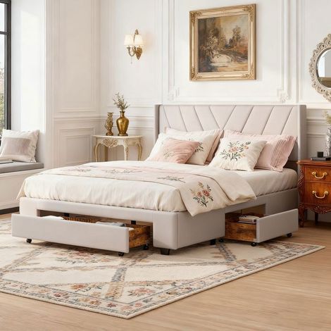 Estructura de cama 140x190 cm, TIUABON, con somier de lamas, cajones, cama doble, lino, beige (1/5)