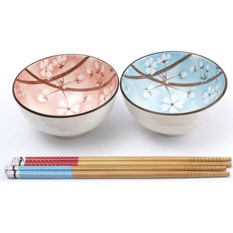 2 bols à riz fleurs de cerisier, porcelaine et bois, design japonais, rose et bleu, pour cuisine asiatique (1/4)