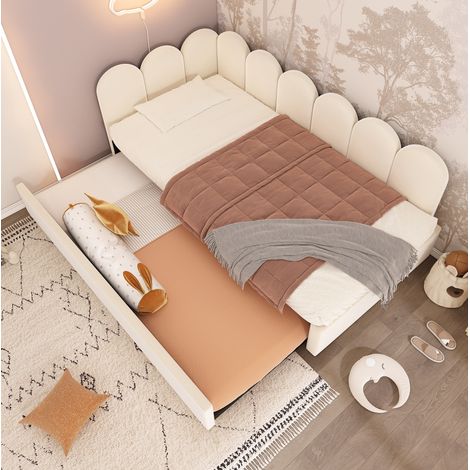 Lit gigogne en velours beige 90x200 cm avec couchage d'appoint 90x190 cm (1/5)
