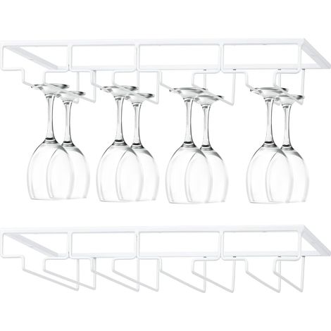 2 Pack Metal Wine Glass Rack No Drilling Hanging Champagne Goblets Storage Organiser Hanger Under Cabinet Wine Glass Rack (White) (1/5)