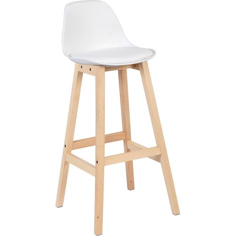 Woltu – Tabouret de bar en similicuir blanc – Pieds en bois massif – Hauteur 96.5 cm – Charge max 100 kg – Confort optimal pour cuisine (1/4)