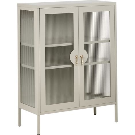 Mueble de oficina de metal con puertas de vidrio acanalado y estantes estilo industrial beige claro Gleora (1/5)