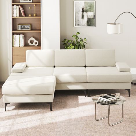 Divano angolare a L a 3 posti con poggiapiedi, divano letto moderno in ciniglia 244 x 146 x 83 cm Beige Destra