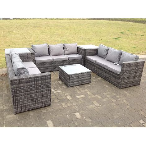 Patio 9 Seater U Shape Rattan Sofa Set Patio Outdoor Garden Furniture With 3 Coffee Table Dark Grey Mixed (1/3)