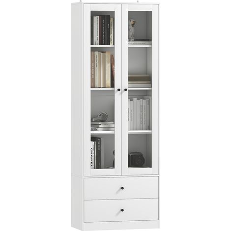 Buffet polyvalent cuisine placard 2 tiroirs portes charnières verre étagères réglables 59x30x164 cm, blanc