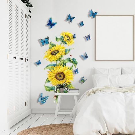 Stickers Muraux Tournesols Papillon Autocollant Mural Fleur de Jardin Décoration Murale Enfants Chambre Salon TV Mur (1/4)