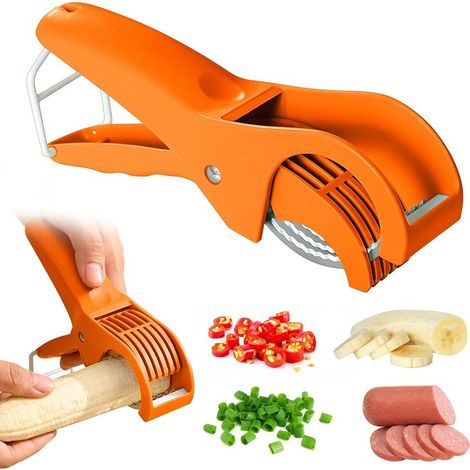 Coupe-banane : éplucheur de fruits en acier inoxydable, trancheuse banane, trancheuse à œufs, éplucheur de banane, gadget de cuisine, coupe-banane pour banane fraise (2, jaune) (1/5)