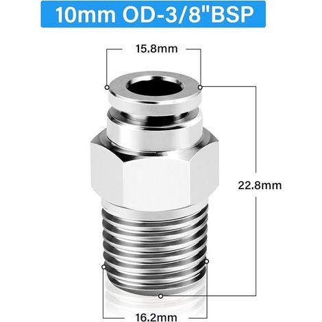 2 pièces acier inoxydable 304 raccords Connecteur pneumatique enfichable, 10 mm de diamètre extérieur du tube x 3/8" filetage BSP mâle (1/5)
