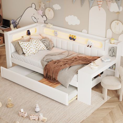 Lit gigogne 90x200cm+90x190cm - Lit de jour avec sommier, ports USB et ceinture LED, bureau - blanc (1/5)
