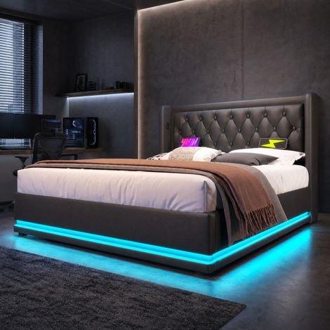 Letto matrimoniale 140x200 cm in PU nero con contenitore, LED e USB-C - MEUBLIV (1/5)