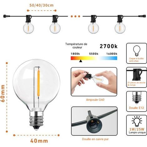 Guirlande Lumineuse Solaire G40 LED Extérieure, Lumières de Patio Etanches 2700K avec Télécommande, 8 Modes d'Éclairage pour Jardin, Terrasse, Fête, Mariage, Camping - 3 mètres - 10 lumières (1/5)