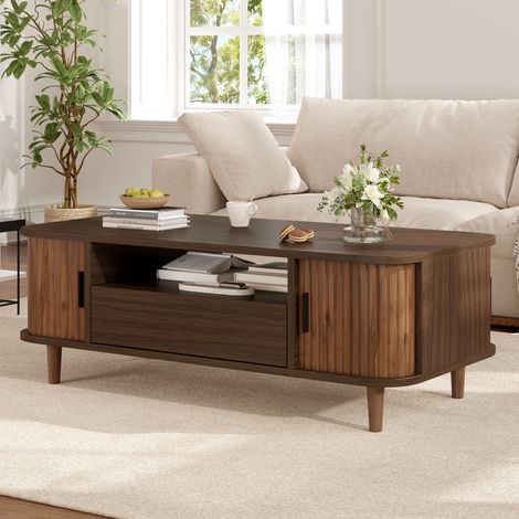 Mesa de centro 100/50/35 cm color nogal con 2 puertas correderas y cajón (1/5)