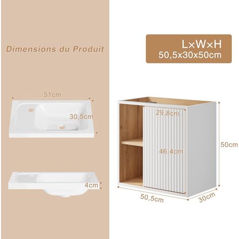 UEV – Meuble lave-mains mural 51 x 30,5 x 54 cm – Lavabo en résine anti-taches – Rangement caché et ouvert – Design moderne blanc