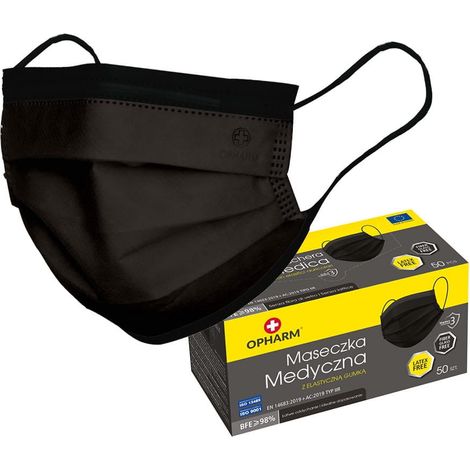 Mascarilla quirúrgica negra con banda elástica tipo IIR Opharm 50 uds (1/5)