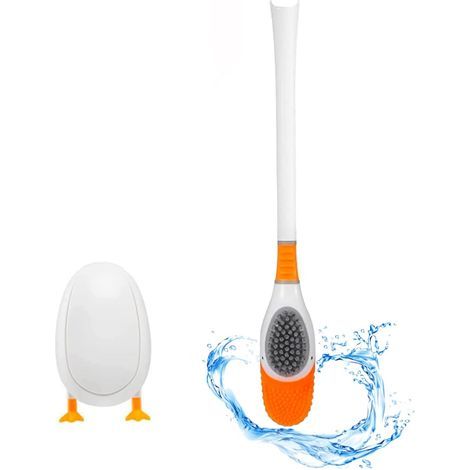 Brosse de Toilette en Canard de Plongée Balais WC Hygienique Salle de Bain Accessoires Balayette Silicone Poils Flexibles Poignée en Plastique Antidérapante avec Support Suspendu Mural, Blanc (1/5)