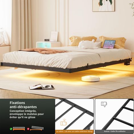 Cadre de lit flottant pour très grand lit avec lumières LED, cadre de lit plateforme en métal de 1,5 m, lit king size avec station de charge, base de matelas, lattes en métal robuste (1/5)