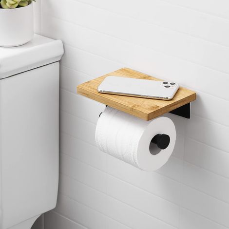 Porte Papier Toilette Noir Adhésif avec Etagère Bambou Porte Rouleau Porte Papier Toilette Mural sans perçage en Acier Inoxydable (1/4)