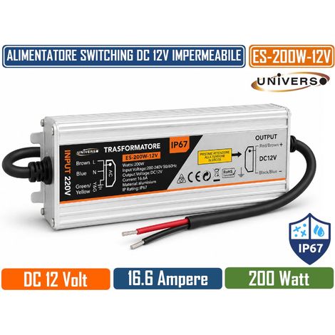 UNIVERSO ES-200W-12V TRASFORMATORE ALIMENTATORE IMPERMEABILE 200W 12V DC 16,6A IP67 IN ALLUMINIO PER STRIP LED E ILLUMINAZIONE LED (1/5)