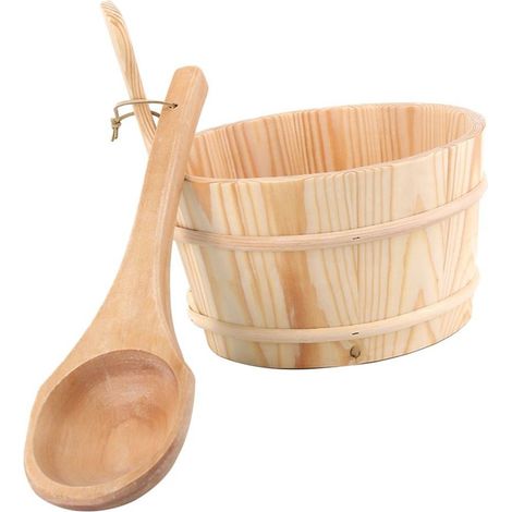 Desineo – Seau et louche en bois pour sauna 4 litres – Résistant à l'humidité – Dimensions optimisées 24 cm et 36 cm – Élément traditionnel indispensable