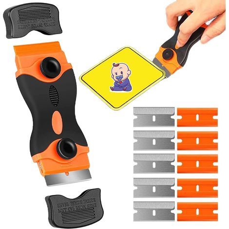 Outil de nettoyage et de retrait d'adhésif – Conception multifonctionnelle à double lame – Comprend 10 lames en plastique et 10 lames en métal. (1/5)