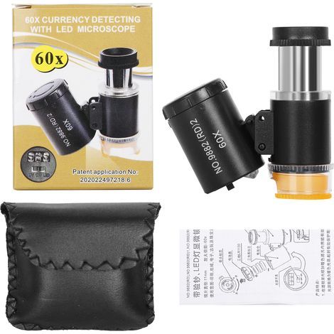60-fach vergrößernde, beleuchtete Lupe mit 2 LED-Leuchten und 1 UV-Lampe, verstellbare Länge, für Juweliere, Uhrmacher und Gemmologen. (1/5)
