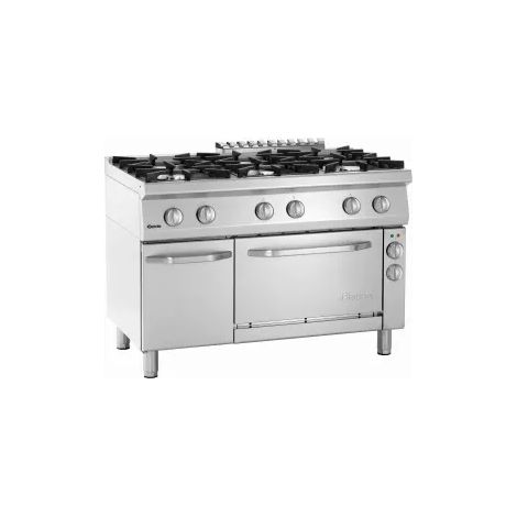 Fourneau inox à gaz 6 feux, sur four électrique 3 x GN 1/1, avec support fermé, 44 100 W, 400 V, GAZ