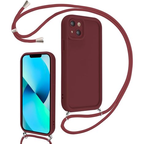 Coque pour iPhone 13 6,1" avec Cordon de Collier Réglable, Etui Protection de la Caméra Silicone Souple TPU Antichoc Housse avec Corde Lanyard Cover pour Femmes Filles, Rouge (1/5)