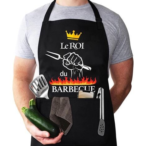 Tablier Cuisine Barbecue Homme Noir, Tablier de Cuisine BBQ Homme Personnalisé Réglable Étanche, Tabliers Humour Drole Rigolo Chef Papa Le Roi du Barbecue Fête Cadeau Noël (1/5)
