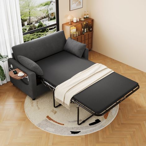 Canapé-lit 2 places rabattable gris, recharge USB intégrée, table pliante latérale, matelas, 2 draps + 2 oreillers, idéal salon ou appartement