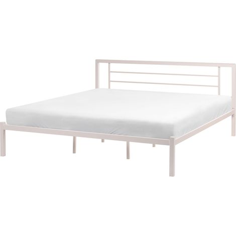 Bed Frame Light Beige Metal EU Super King Size 6ft Solid Wood Slats Industrial Minimalist CUSSET (1/5)