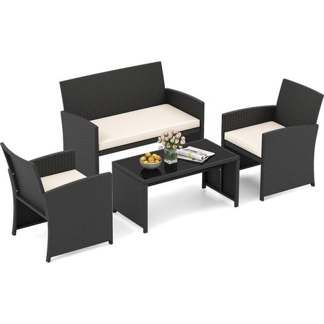 Salon de jardin blanc 4 pièces en résine tressée avec table en verre trempé et coussins amovibles pour balcon jardin et terrasse (1/5)