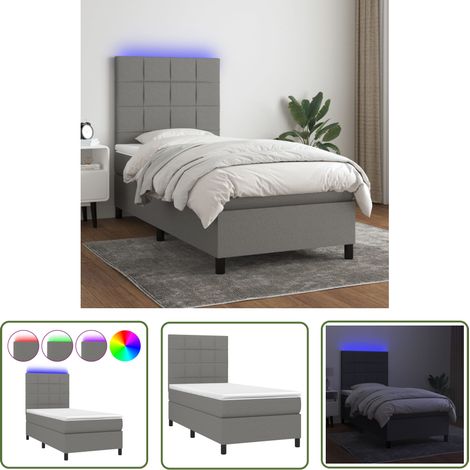 The Living Store Sommier à lattes de lit avec matelas et LED Gris foncé 90x190cm - Sommier Tapissier - Lit Avec Led - Matelas À Ressorts Ensachés - Tête De Lit Ajustable - Éclairage LED (1/5)
