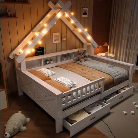 Etagenbett 140x200 cm blanco en forma de casa con LED, estantes y 2 cajones (1/5)