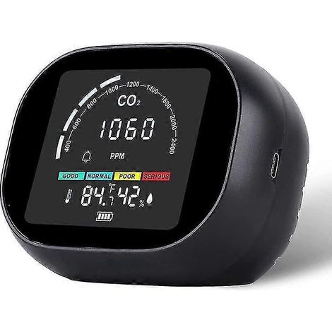 Moniteur de qualité de l'air CO2, détecteur de dioxyde de carbone intérieur, alarme de CO2, compteur 400-5000 ppm avec température, noir (1/5)