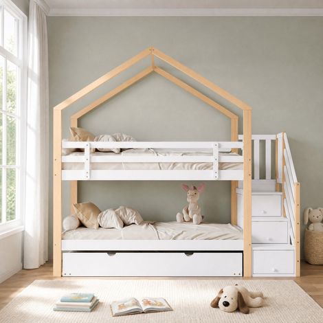 Kinder-Etagenbett mit ausziehbarem Bett, Stauraumtreppe und Hausdach, Holz/MDF, Natur/Weiß (1/5)