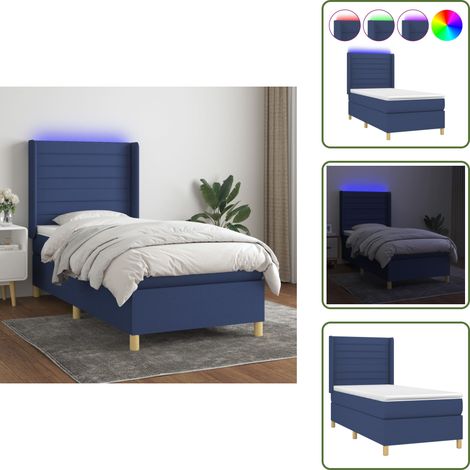 The Living Store Sommier à lattes de lit matelas et LED Bleu 90x200 cm Tissu - Sommier Tapissier - Lit Plateforme - Matelas Inclus - Éclairage Led - Têtière Ajustable (1/5)