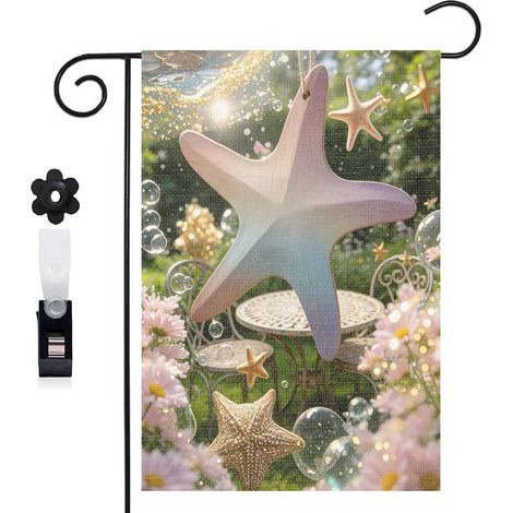 Drapeau de jardin bienvenue 30 x 45 cm motif étoiles de mer et coquillages brillants toile double face (1/5)