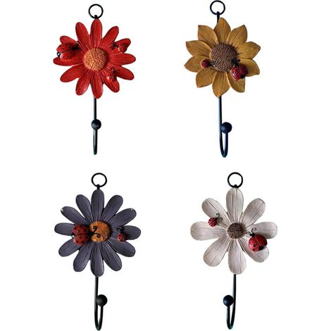 Lot de 4 crochets muraux en résine motif fleurs, style champêtre pour décoration murale (1/4)