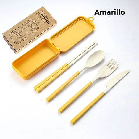 (Jaune) Ensemble de couverts portables quatre pièces, fabriqué en plastique PP respectueux de l'environnement, détachable. (1/5)