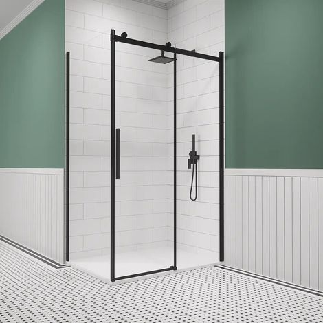 Box Doccia 80x140 cm Porta Scorrevole e Parete Fissa Profili in Alluminio Nero Opaco Vetro 8mm Trasparente con Trattamento Easy-clean - Reversibile h195 Mod. Creta (1/5)