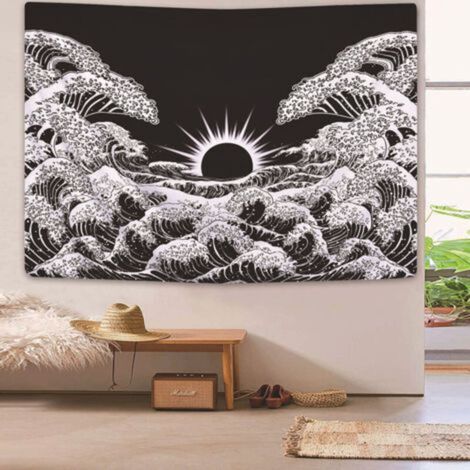[JAMAIS UTILISÉ] (Vague,150x130cm)Dremisland Tapisserie Murale Mandala Tapisserie Grande Vague avec Coucher de Soleil Tapisserie Noir et Blanc Océan Tapisserie Tenture Murale pour Salon Chambre (1/4)