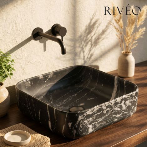 Vasque à poser carrée à angles arrondis noir effet marbre 395 x 395 x 140 mm – Rivéo