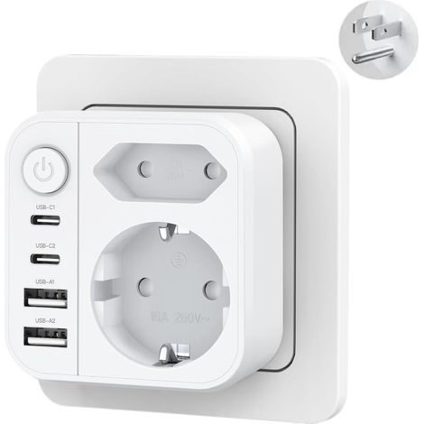 6 en 1 Adaptateur Prise USA avec 2 USB A, 2 Type C et 2 Prises USA vers France, France vers USA, adaptateur américain, convient pour Canada, Américaine, Mexique, Thailande (1/5)