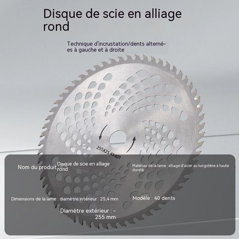 Disque de coupe en carbure de tungstène 40 dents, diamètre 255mm alésage 25.4mm, lame de débroussailleuse alliage avec trous de dissipation, denture alternée