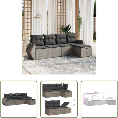 vidaXL Rattanmöbel - 5-tlg. Garten-Sofagarnitur mit Kissen Grau Poly Rattan (1/5)
