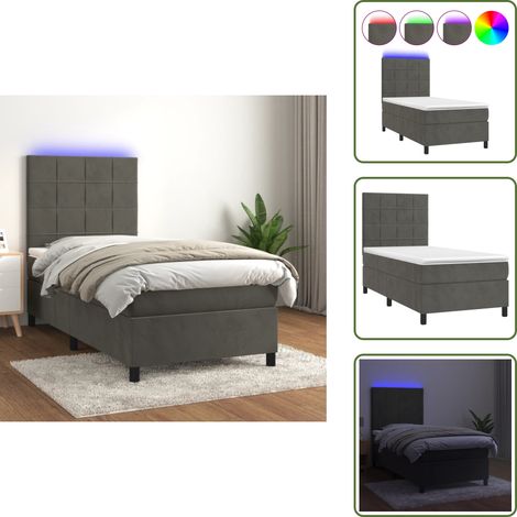 The Living Store Cama box spring colchón y LED terciopelo gris oscuro 90x200 cm - Cama box spring