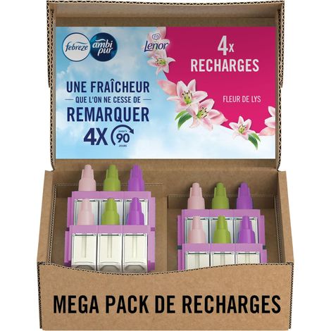 FEBREZE 3VOLUTION FLEUR DE LYS RECHARGE POUR DÉSODORISANT ÉLECTRIQUE, PACK DE 4, SYSTÈME À 3 PARFUMS EN ALTERNANCE, ÉLIMINE LES