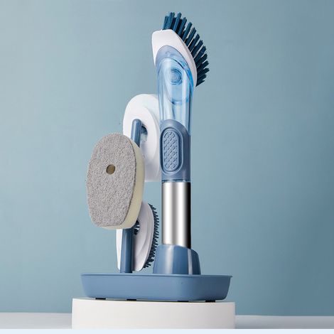 Spülbürste mit Seifenbehälter, Griff, 4-in-1-Schwamm und Borsten, blau (1/4)