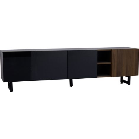 ELVMI Mobile TV con 4 Ante e Vani Aperti, Frontali Lucidi, per Soggiorno, in MDF, 180×38×50 cm, Nero e Naturale (1/5)