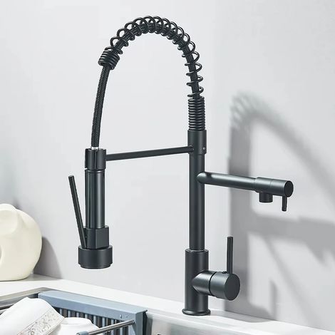 Robinet de cuisine Crane en acier inoxydable noir mat avec douchette extractible, double bec et rotation à 360°, finition noire mate. (1/5)